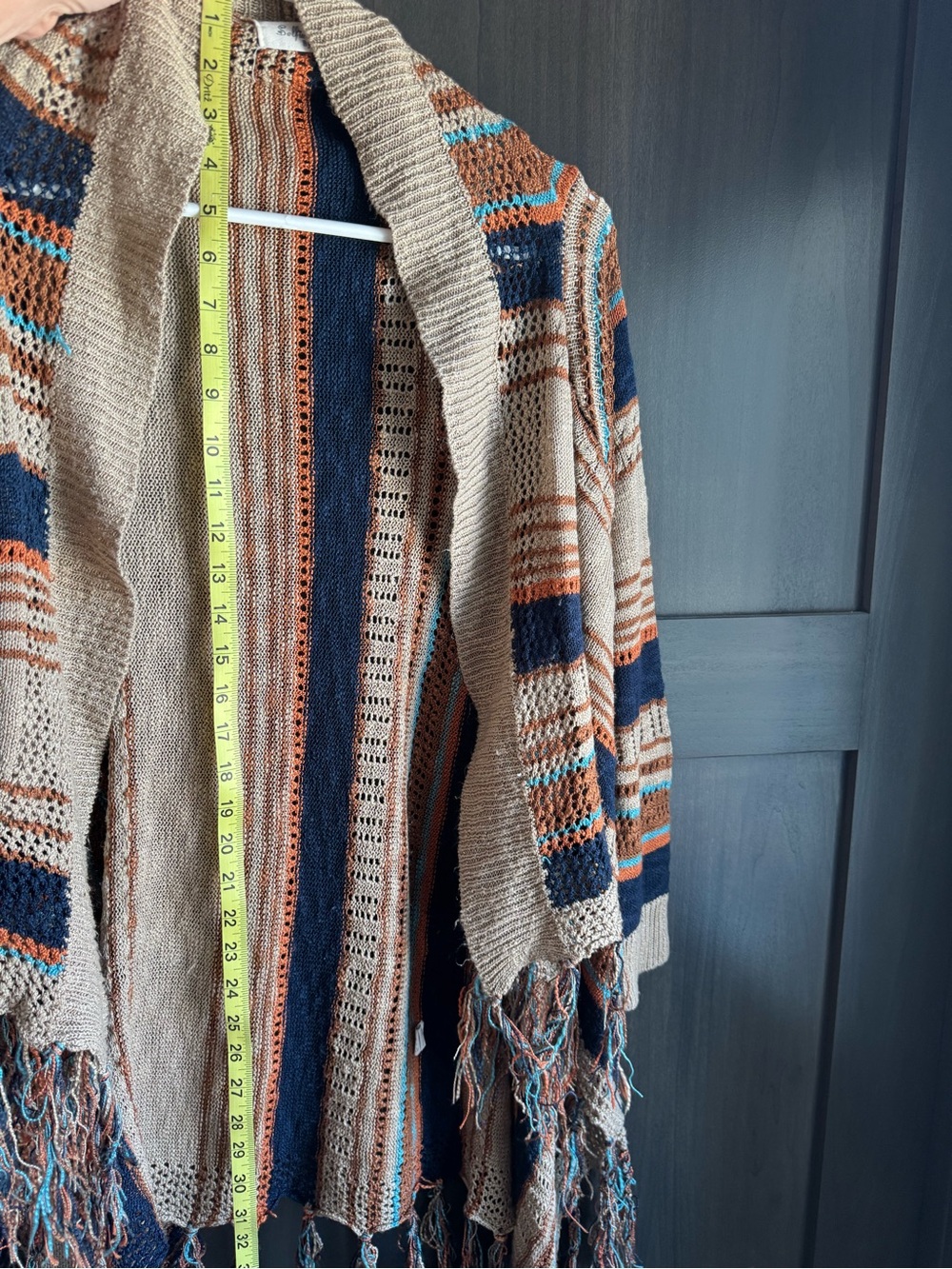 Open-Front Fringe Knit Cardigan Sweater - Beige, Navy, Light Blue & Rust - Picture 4 of 5